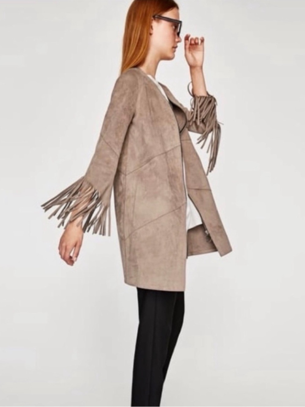 Zara Taupe Fringe Suede Open-Front Jacket size XS NWT